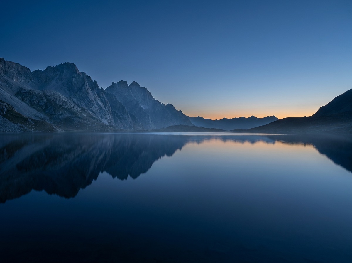 Stiller Bergsee zur blauen Stunde – Ruhe und Klarheit